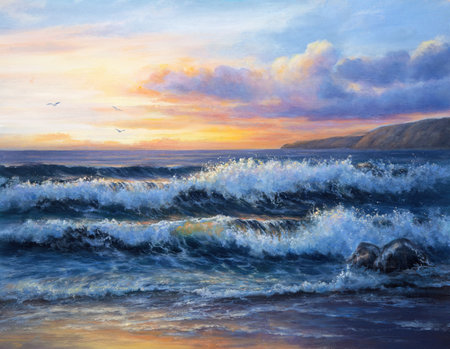 The oil painting depicts a stunning ocean scene at sunset, with vibrant hues of orange, pink, and gold reflecting off the water. The sky is filled with wispy clouds, casting a warm glow over the tranquil scene. Waves gently crash against the shore, creating a sense of peace and serenity.Painter-Stanislava Stojkovaの写真素材