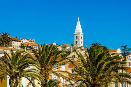 Rooftops and church bell tower in city of Mali Losinj, Losinj Island. Croatiaの写真素材