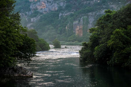Krka river flowing through canyon near Roski slap. Croatia, Europeの写真素材
