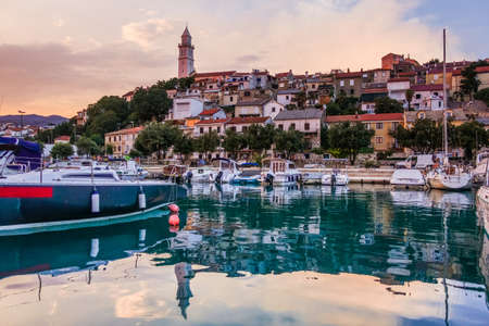 Novi Vinodolski, Croatia. July 26th 2018: Seafront view from marina on bell tower and old townのeditorial素材