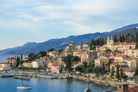 Volosko, Croatia: 27th March 2019 / Beautiful small town Volosko near Opatija, seafront aerial viewのeditorial素材