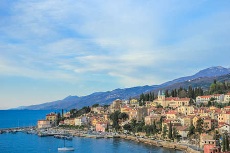 Volosko, Croatia: 27th March 2019 / Beautiful small town Volosko near Opatija, seafront aerial viewのeditorial素材