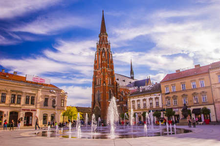Osijek / Croatia: 10th May 2019: Main town square and famous cathedral in Osijekのeditorial素材