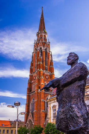Osijek / Croatia: 10th May 2019: Main town square, statue of Ante Starcevic and famous cathedral in Osijekのeditorial素材