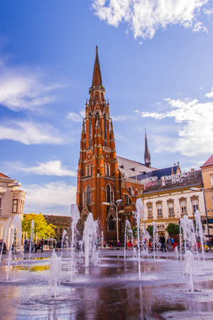 Osijek / Croatia: 10th May 2019: Main town square and famous cathedral in Osijekのeditorial素材