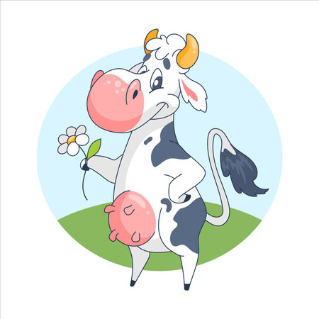 Cartoon character funny cow holding a flower in his handのイラスト素材