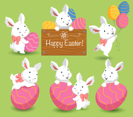Happy Easter greeting card with cute white bunny and eggs. Rabbit character set.のイラスト素材
