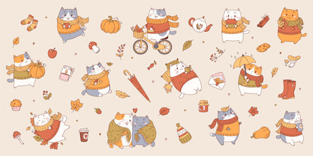 Autumn set of cute cartoon cats and autumn elements.のイラスト素材