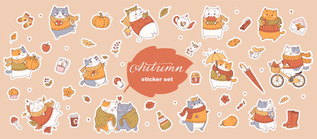 Autumn set of stickers with cute cartoon cats and autumn elements.のイラスト素材