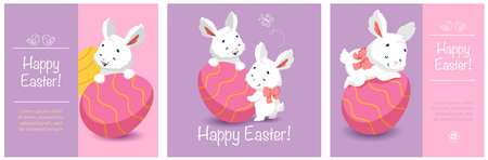 Happy easter card with cute white bunnies and easter egg. Cartoon character rabbit. Set of postcards.のイラスト素材