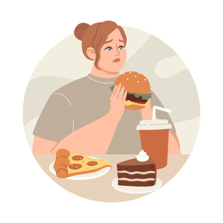 Overweight, bulimia, eating disorders. Young sad overweight woman eats junk foodのイラスト素材