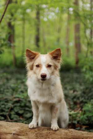 The welsh corgi crossbreed stands on wood and waiting. It is summer timeの写真素材