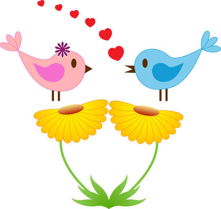 Pink and BlueSinging  Birds, Yellow Flowers, Vectorのイラスト素材