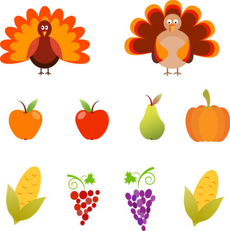 Turkey, Isolated Thanksgiving Turkey Vectors, Apples, Pear, Pumpkin and Grape Vectorsのイラスト素材