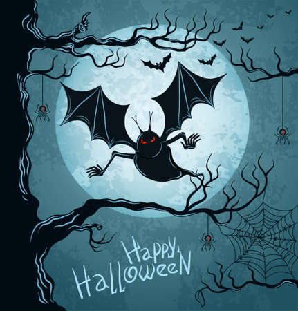 Grungy halloween background with terrible vampire, full moon, bats and spidersのイラスト素材