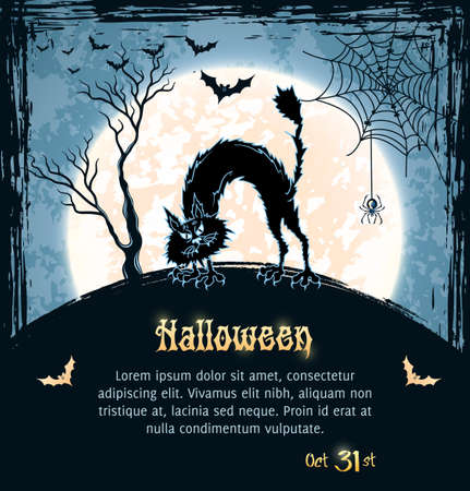 Spooky cat, full moon, bats, spider and web. Blue grungy halloween background.  Illustration.のイラスト素材