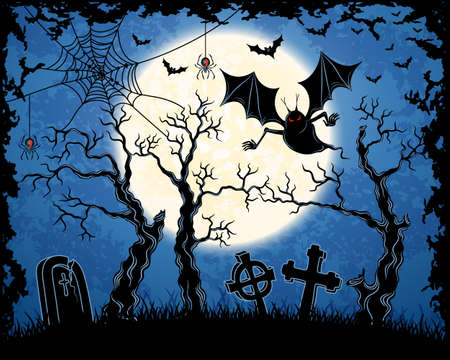 Spooky vampire on cemetery. Blue grungy halloween background.  Illustration.のイラスト素材