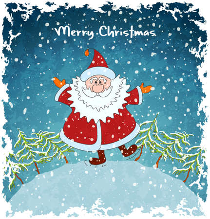 Card with merry Santa Claus  Christmas landscape with snowfall  Blue vintage background  Vector Illustration のイラスト素材