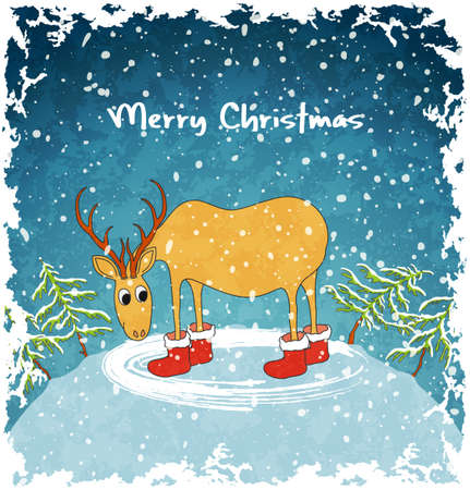 Card with merry deer  Blue vintage background  Christmas landscape with snowfall  Vector Illustration のイラスト素材