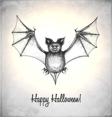 Scary bat in a sketch style. Hand-drawn card for Halloween. Vector illustration.のイラスト素材