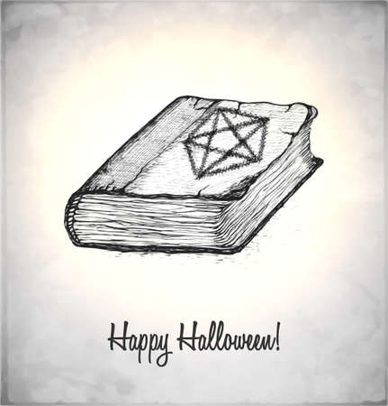 Witches book with spells in a sketch style. Hand-drawn card for Halloween. Vector illustration.のイラスト素材