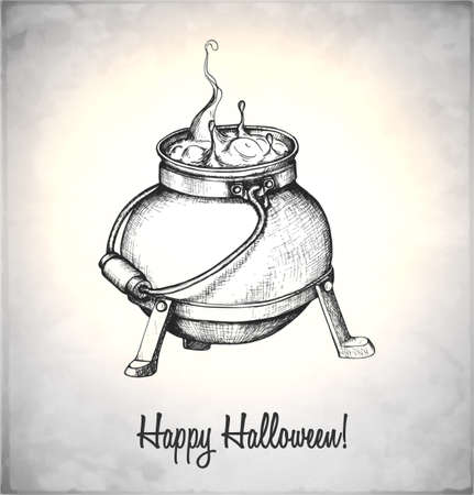 Boiler with potion in a sketch style. Hand-drawn card for Halloween. Vector illustration.のイラスト素材