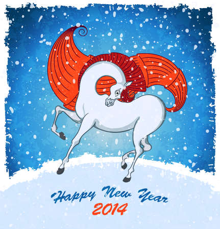 Horse on christmas card. Blue background with symbol of 2014 New Year on landscape with snowfall. のイラスト素材