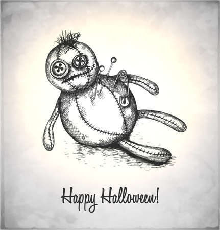 Spooky voodoo doll in a sketch style. Hand-drawn card for Halloween. のイラスト素材