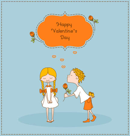 Boy gives flower to a girl. Kid keeps behind his back a gift.のイラスト素材