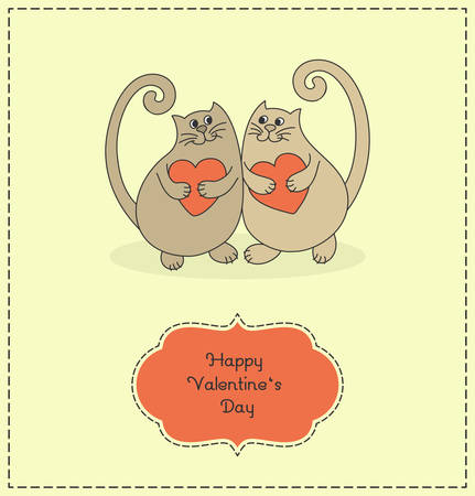 Two cartoony cats in love. Cats hold hearts in their hands. Valentines Day. Vector illustration. のイラスト素材