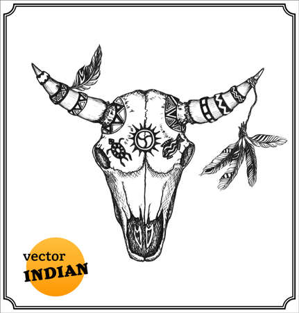 Buffalo skull with ornate horns for shaman witchcraft  の写真素材