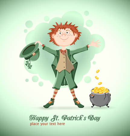 Saint Patrick day  Funny leprechaun with lucky pot of gold coins on blue-green background   のイラスト素材