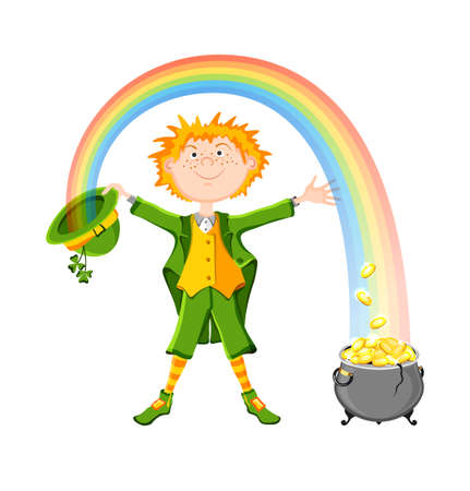 Saint Patrick day  Leprechaun in green clothes with lucky pot of gold coins  Isolated on white background  Vector illustration  EPS10 and transparencyのイラスト素材