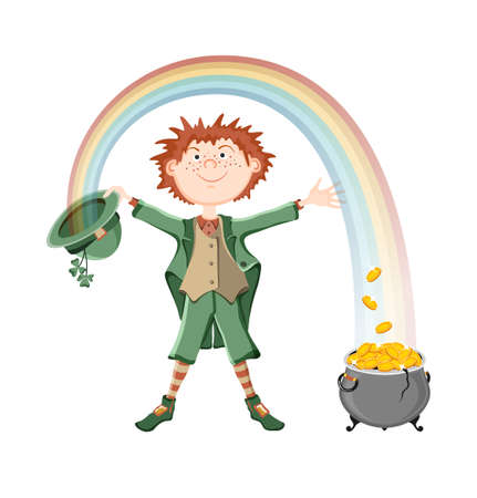 Saint Patricks day  Leprechaun with magic pot of gold coins  Isolated on white background  のイラスト素材