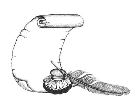 Blank scroll, quill pen, decorated inkwell. Chronicler set.  のイラスト素材