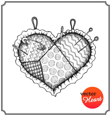 Cushion for needles and pins in shape of heart. Love concept on Valentine's Day in a sketch style. Isolated on white background. Vector Illustration.のイラスト素材