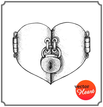 Concept heart on Valentine's Day. Metallic lock in a sketch style. Isolated on white background. Vector Illustration.のイラスト素材