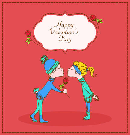 Kissing couple in love. Boy gives gift and flower. Romantic Valentine's Day card. Vector illustration.のイラスト素材
