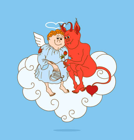 Dating of angel and demon on cloud. Love valentine's day card. Vector illustration.のイラスト素材