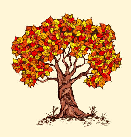 Alone spring tree with colored leaves in a stylized style. Grass on the ground. Isolated on white background. Vector illustration.のイラスト素材