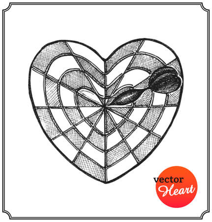 Heart in form target of defeat arrow in the goal. Love concept on Valentine's Day in a sketch style. Isolated on white background. Vector Illustration.のイラスト素材