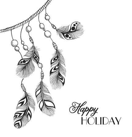 Decoration ethnic tribal feather in a sketch style. Hand-drawn card.のイラスト素材