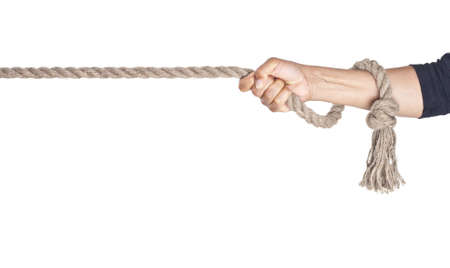 Hand pull a rope. Isolated white backgroundの写真素材