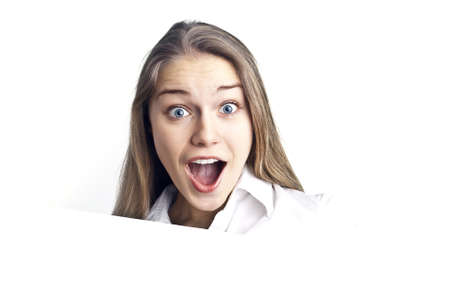 The young business woman. Surprise.The isolated white backgroundの写真素材