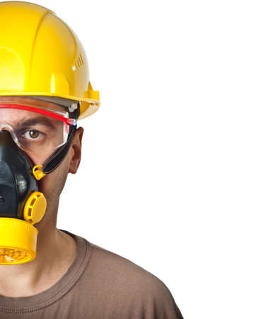 The worker in protective means. The isolated white backgroundの写真素材