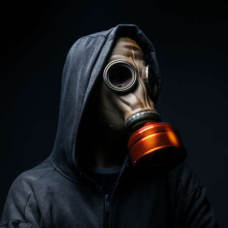male in a gas mask on a dark backgroundの写真素材