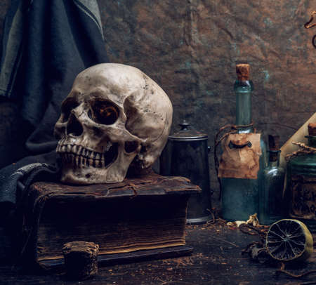 Vintage picture with a skull lying on a bookの写真素材