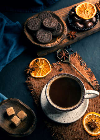 Mug of black coffee on vintage backgroundの写真素材