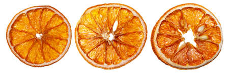 Dried orange slices on an isolated white background. Front view.の写真素材