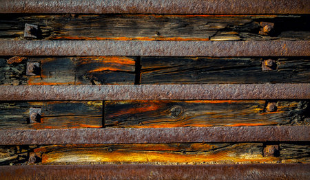 Old worn wooden background with rusty steel plates.の写真素材